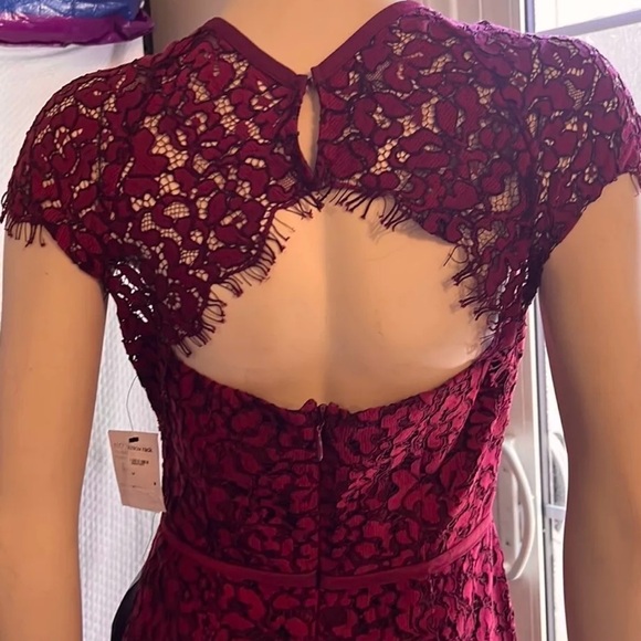 Harlyn Cap Sleeve Front Keyhole & Open Back Embroidered Lace Gown in Pomegranate - Picture 10 of 13